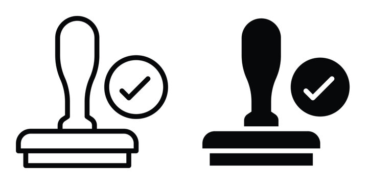 Approval stamp and check mark icon set. Symbol of verified quality, official permit, acceptance, license, certified document, agreement, compliance, quality control and guaranteed status.