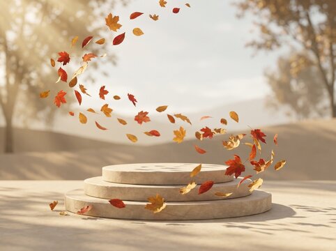 beige product podium with autumn leaf on minimalist fall background