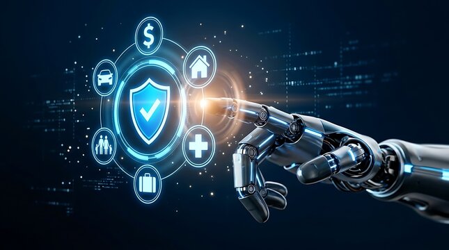Futuristic robot hand interacting with digital security shield and icons for insurance and finance