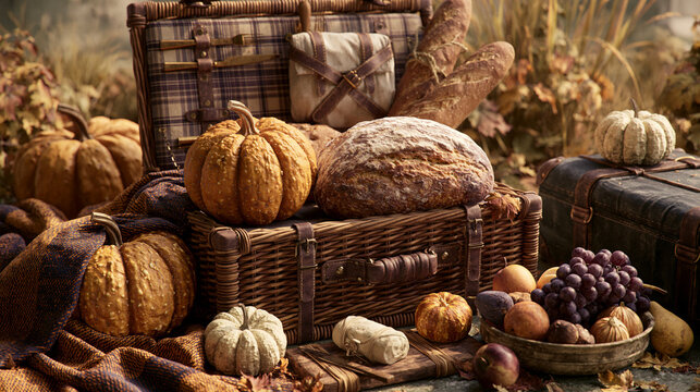 Rustic autumn picnic basket featuring fresh pumpkins crusty artisan bread and assorted grapes