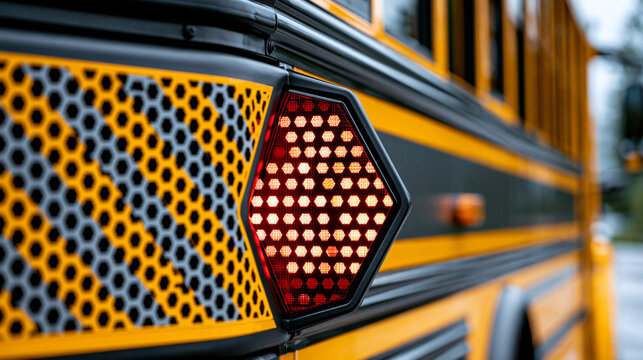 Bright red hexagonal stop signal illuminated brightly on yellow school bus exterior paneling backdrop