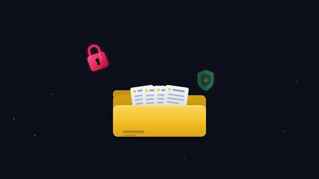 Cybersecurity ransomware intercept shield blocking malicious lock threat and securing data folder in animation
