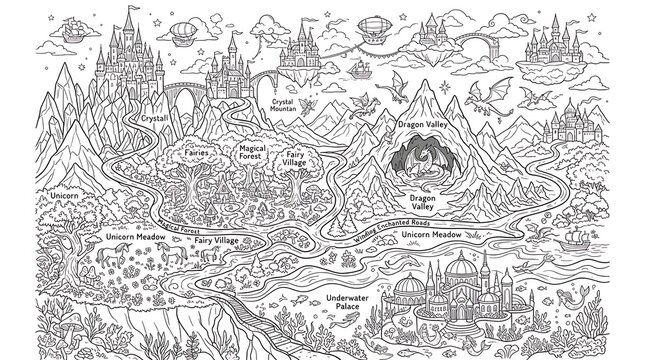 Fantasy map coloring page showing castles, mountains, a dragon valley, a fairy village, an underwater palace, and winding enchanted roads