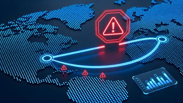 Global cybersecurity threat concept with red warning alert on a digital world map for network attack monitoring