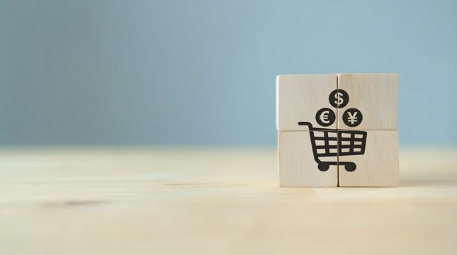 Shopping cart with currency icons on wooden blocks representing global commerce, e-commerce transactions, financial retail, and consumer spending