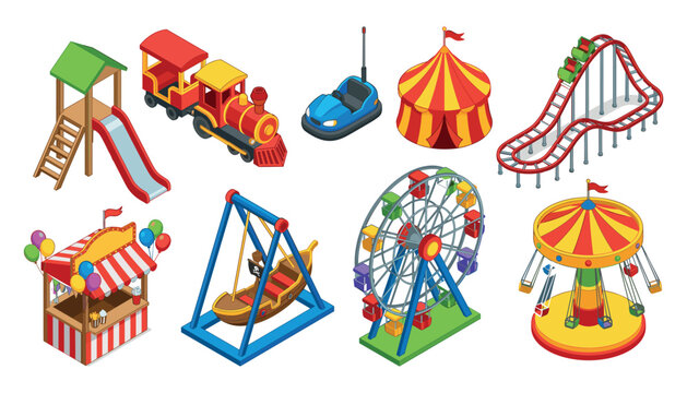 Isometric amusement park ride vector illustration set. Roller coaster, ferris wheel, carousel, circus tent, bumper car, playground slide, train and carnival booth elements.