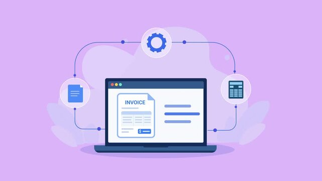 Flat vector animation showing a laptop with a digital invoice connected to workflow icons for document management, billing, and online business processes.