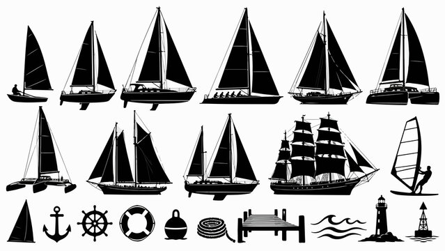 Collezione silhouette di barche a vela e simboli nautici. Generative AI 