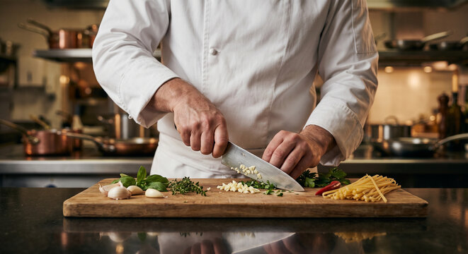 Professional Chef Chopping Fresh Garlic and Ingredients on Wooden Cutting Board