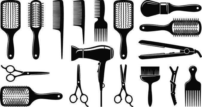 Barbershop and hairdressing tools equipment set including comb brush scissors hairdryer straightener vector collection icons