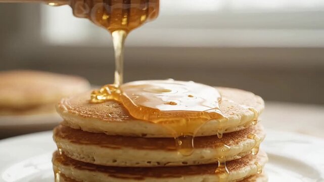 honey dripping wooden dipper pouring golden syrup stack pancakes breakfast food