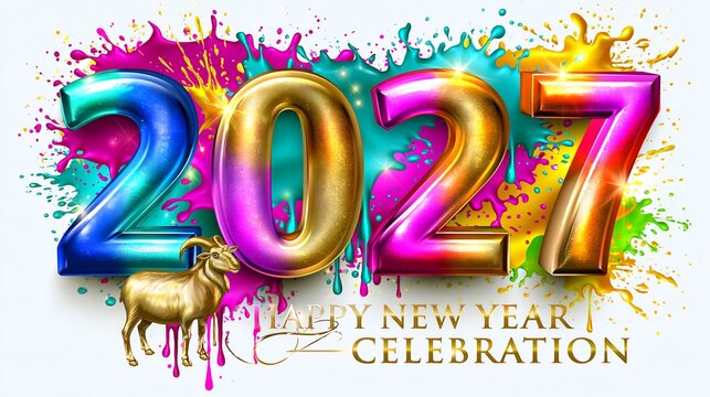3 d metallic 2027 numbers with colorful paint splatters and a golden goat figure for new year celebration