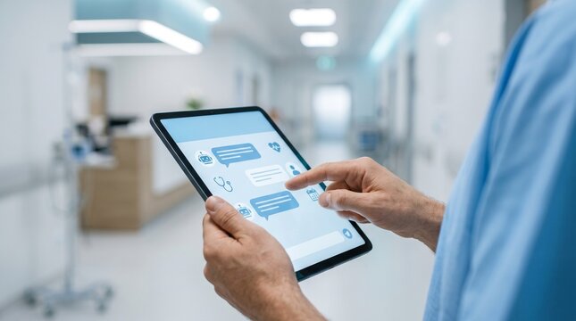 Healthcare Professional Communicating via Secure Digital Tablet Messaging System in Modern Hospital Corridor Environment