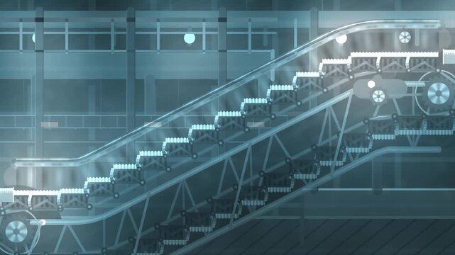 Escalator truss cutaway showing step chain, comb plate transition and returning steps on the underside loop in deep transit tones