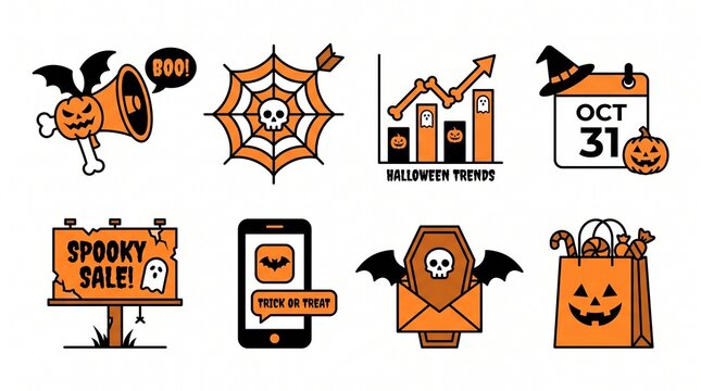 Halloween business and marketing solid icon set containing icons for Spooky Sale billboard calendar October 31 trend chart with bone arrows and scary shopping bag for e-commerce promotions