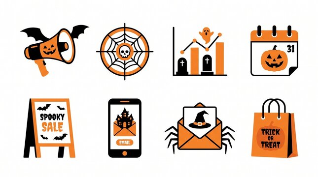 Halloween marketing and business sales solid icon set containing icons for Megaphone Web Target Growth Chart Calendar Signboard Smartphone Email Envelope with Witch Hat and Shopping Bag