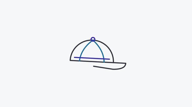 Seamless 4K looping animation of a flat cap hat icon in blue and azure, centred on a clean light background with plenty of copy space. Simple two tone vector shapes and smooth motion. Horizontal 16:9 