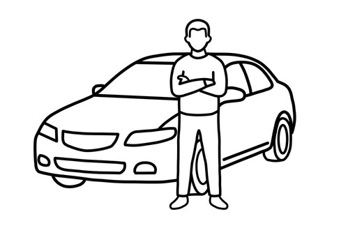 Man standing in front of car with arms crossed outline icon vector illustration isolated on white background
