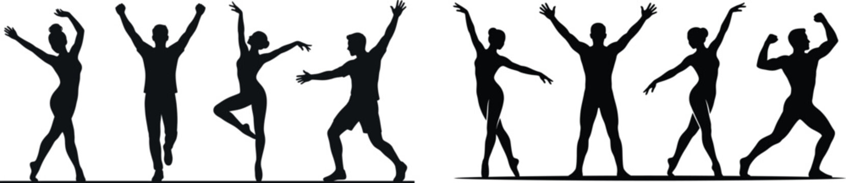 A collection of black silhouette figures showing people dancing and celebrating with joy and excitement isolated on a clean white background for graphic design