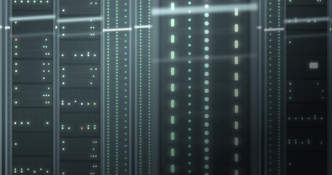 Defocused server racks with green and cyan LEDs, digitally created data center animation, 4K
