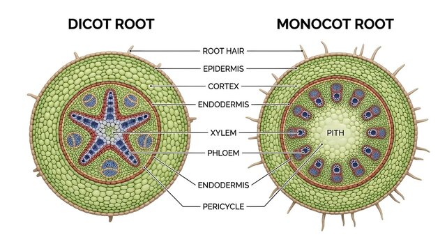 Dicot Root and Monocot Root Anatomy Cross Section Illustration