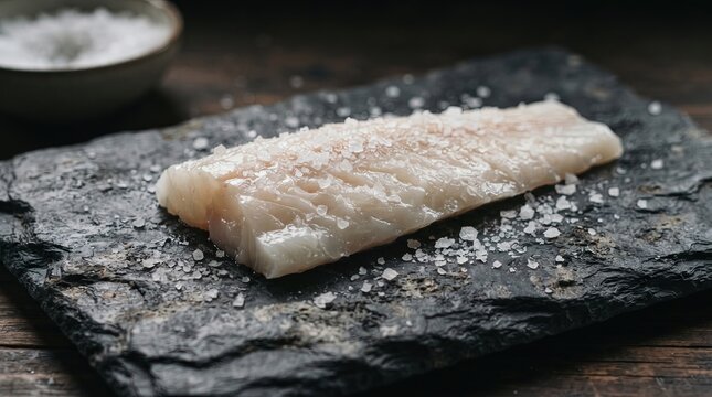 Fresh Raw White Fish Fillet Seasoned With Sea Salt On A Dark Stone Slate Board