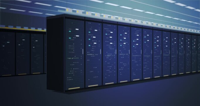 Dark blue data center server racks with blinking lights, motion graphics background, 4K