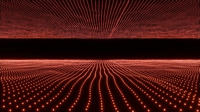 An abstract 3D render seamlessly blending technology and darkness in this looping animation, featuring blue neon light points arranged in a grid moving across a virtual space.