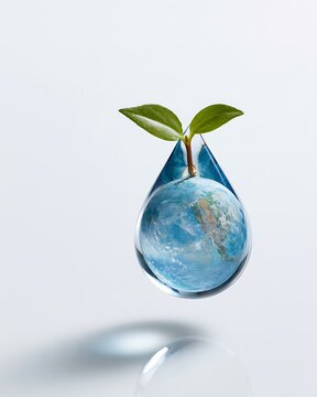 Floating glass-like water droplet with a green leaf sprouting beside a tiny globe, sustainable water resources concept,