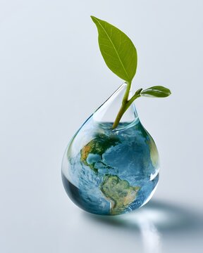 Floating glass-like water droplet with a green leaf sprouting beside a tiny globe, sustainable water resources concept,