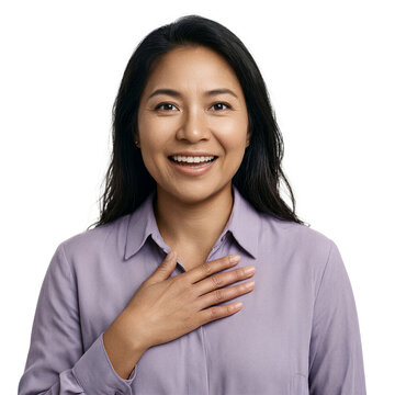 Indigenous woman portrait isolated 36 year old female wearing lavender blouse expressing pleasant shock on a transparent background