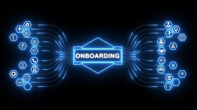 Employee onboarding network animation with glowing data connections and technology icons, digital hiring integration and training process concept