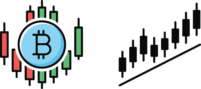 Bitcoin cryptocurrency trading concept illustration featuring market price volatility and upward trending candlestick chart graphics