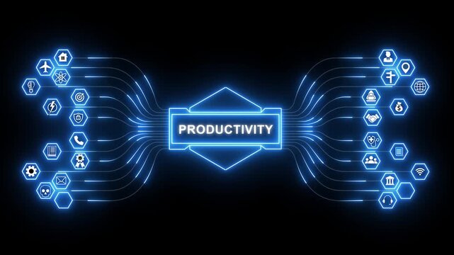 Improving work efficiency through connected digital systems, productivity network animation with glowing data flows and performance focus