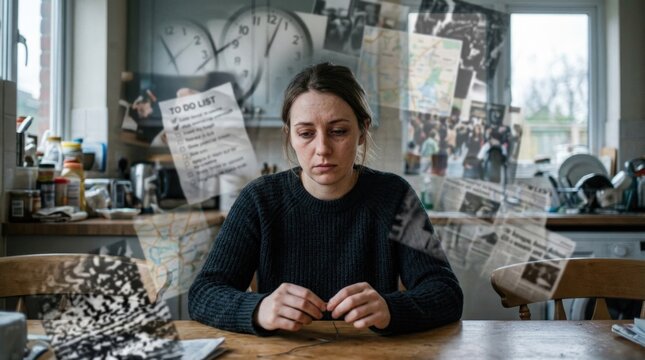 Overwhelmed female thinker: generalized anxiety, mental disorder, chronic worry, nervous tension, fatigue burden, restless dread, intrusive thought, urgent list.