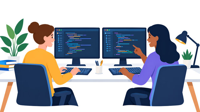 Two female software developers coding together on computers in a modern office, teamwork and collaboration, flat vector illustration
