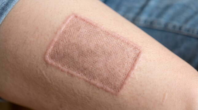 Close up view of medical adhesive patch applied to human skin showing healing process and skin texture detail