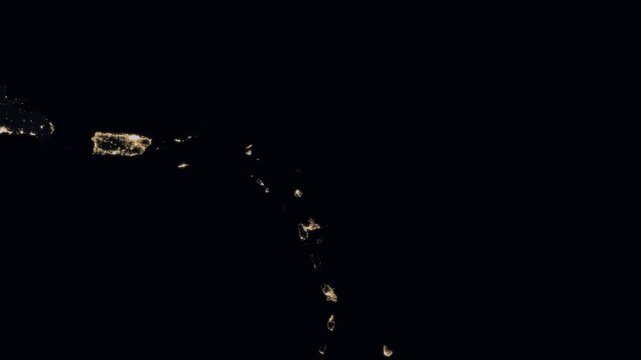 Saint Kitts and Nevis night globe. City lights, zoom, spin, outline glow, pullback, ring reveal for Saint Kitts and Nevis. Elements of the animation furnished by NASA.