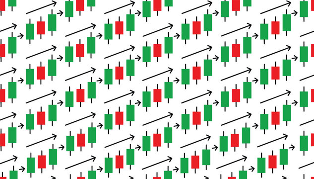 Seamless pattern of financial candlestick charts showing upward growth trends on white background vector stock market background