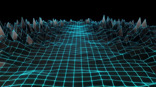 Futuristic glowing blue digital grid waves pulsating in dark infinite cyberspace background motion graphic design 4K Generative AI