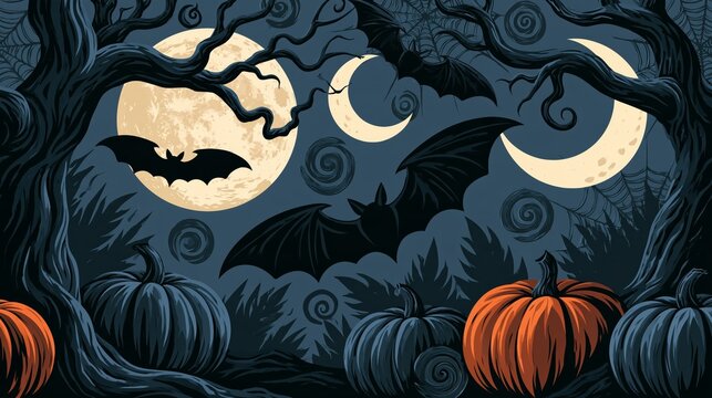 Halloween night pattern with flying bats and pumpkins