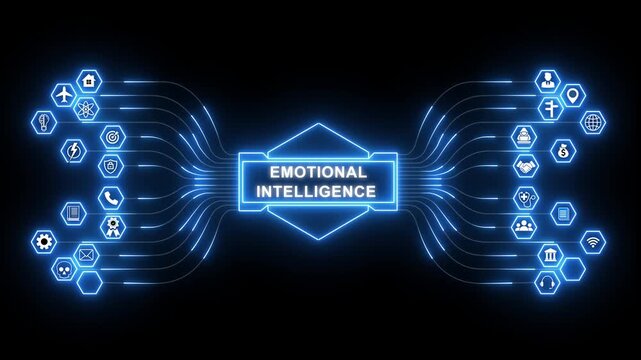 Emotional intelligence network animation with glowing data connections and technology icons, digital empathy awareness and leadership skills concept
