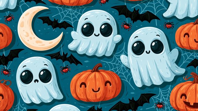 Cute halloween ghosts and pumpkins seamless pattern