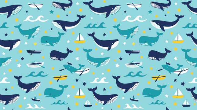 Seamless pattern with whales and boats on a light blue background
