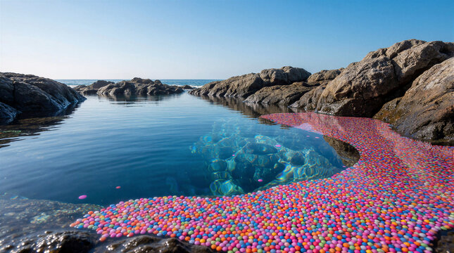 Plastic pollution fills crystal clear blue tide pool with colorful floating synthetic pellets near coastal rocks