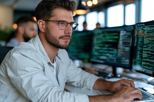 Focused coder wears glasses, typing at dual monitors. Soft lighting highlights calm concentration in open office. Background shows colleagues working nearby, blurred. Ideal for tech, development