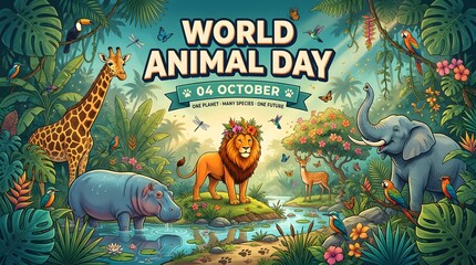 Fototapeta premium World Animal Day illustration with wild animals in a lush tropical