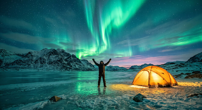 Northern Lights Over Arctic Camping Tent With Adventurer on Frozen Landscape