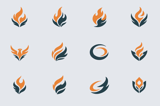 A collection of creative flame and abstract wing logo designs in orange and dark blue colors