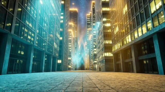 漆黒の超高層ビル群が一斉に点灯し夜空へ光を放つサイバー都市の背景
